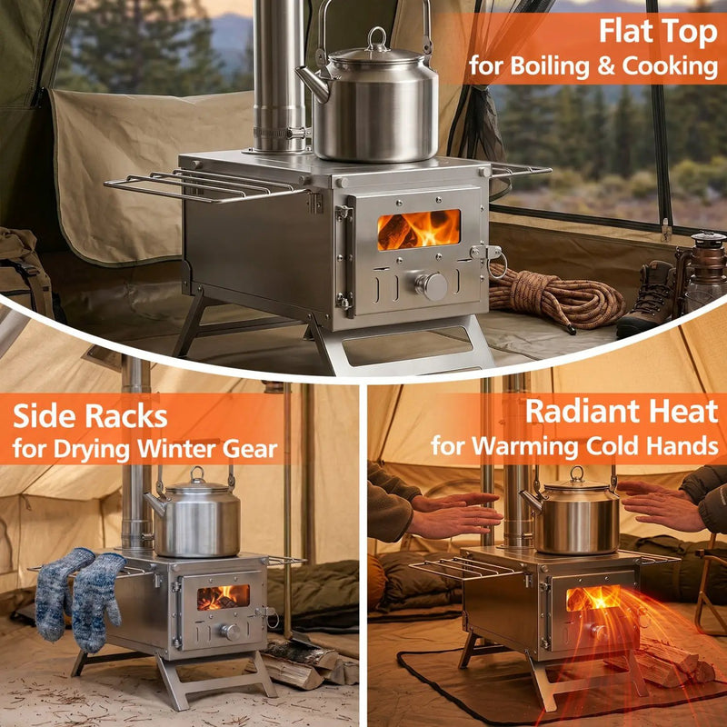 Portable Wood Burning Tent Stove with 7 Chimney Pipes by DirectDeals