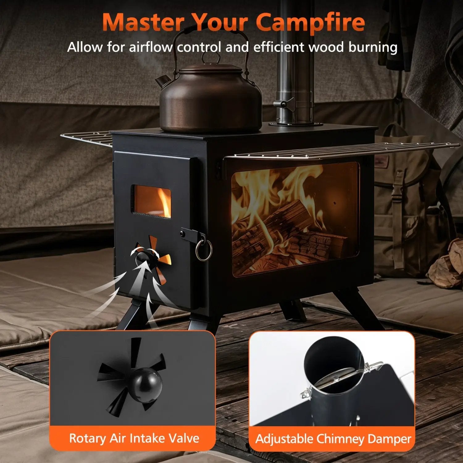 Hot Tent Wood Burning Stove with 8 Chimney Pipes & Ash Tray by DirectDeals