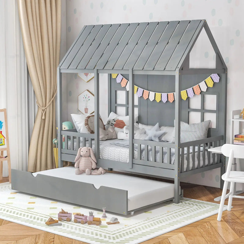 Twin Size Bed Frame House Bed with Trundle and 82 Inch Tall Roof by DirectDeals