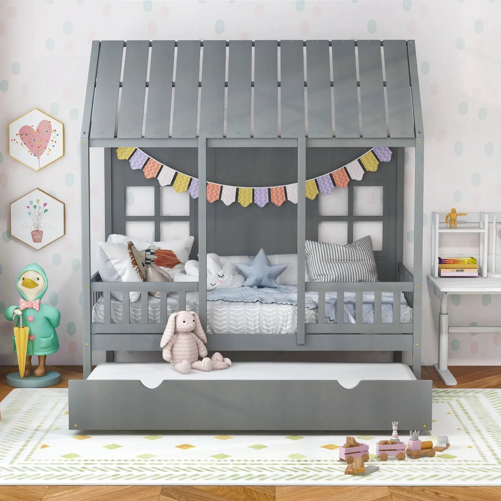 Twin Size Bed Frame House Bed with Trundle and 82 Inch Tall Roof by DirectDeals