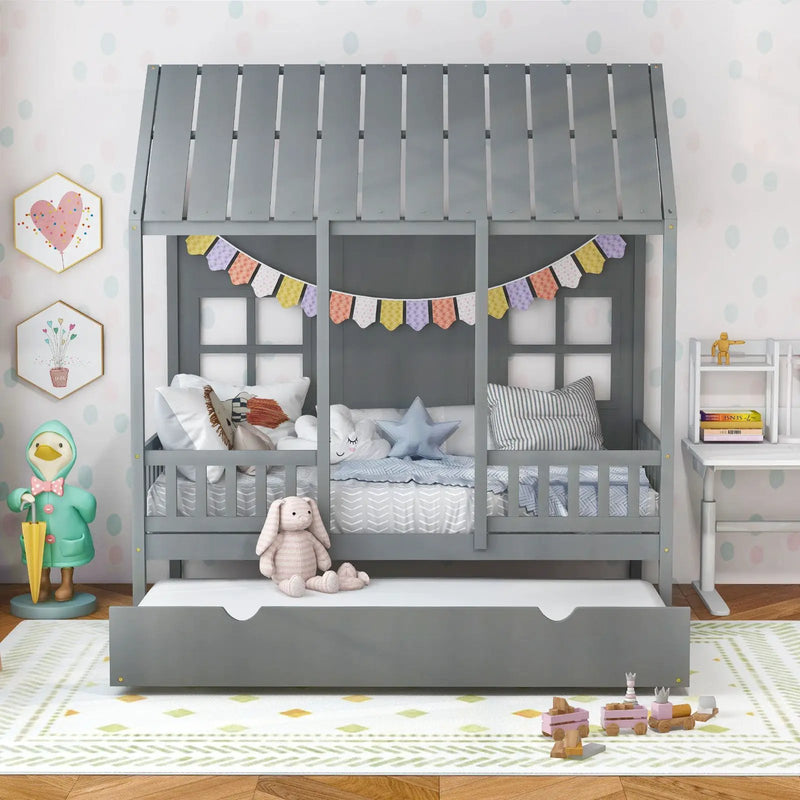 Twin Size Bed Frame House Bed with Trundle and 82 Inch Tall Roof by DirectDeals