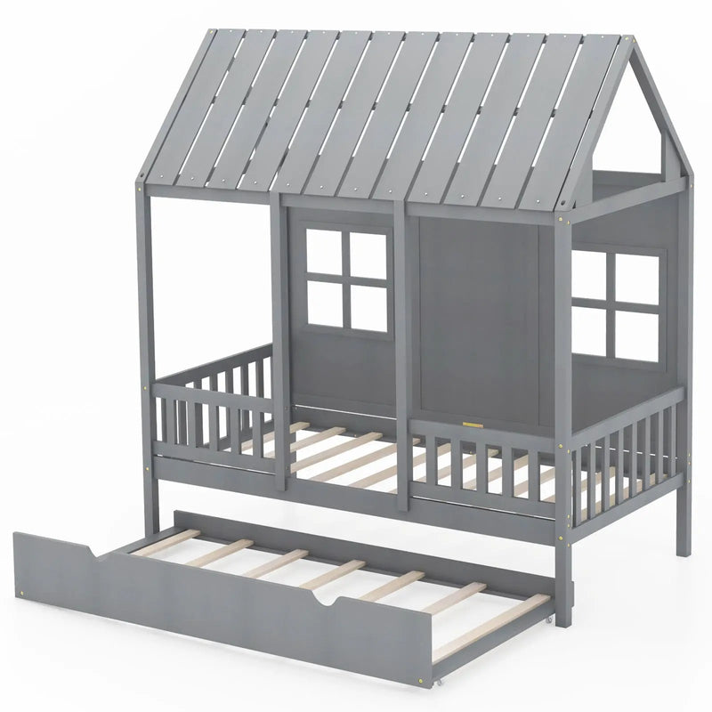 Twin Size Bed Frame House Bed with Trundle and 82 Inch Tall Roof by DirectDeals