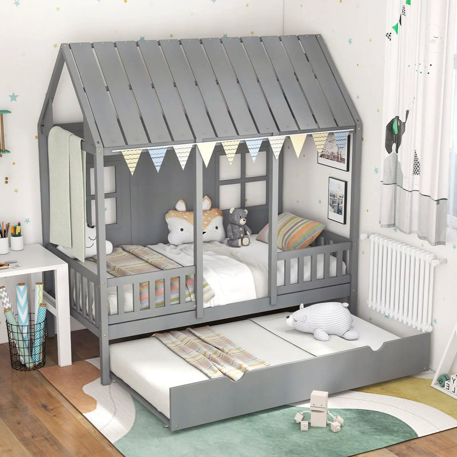 Twin Size Bed Frame House Bed with Trundle and 82 Inch Tall Roof by DirectDeals