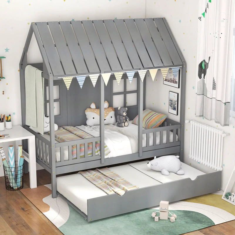Twin Size Bed Frame House Bed with Trundle and 82 Inch Tall Roof by DirectDeals