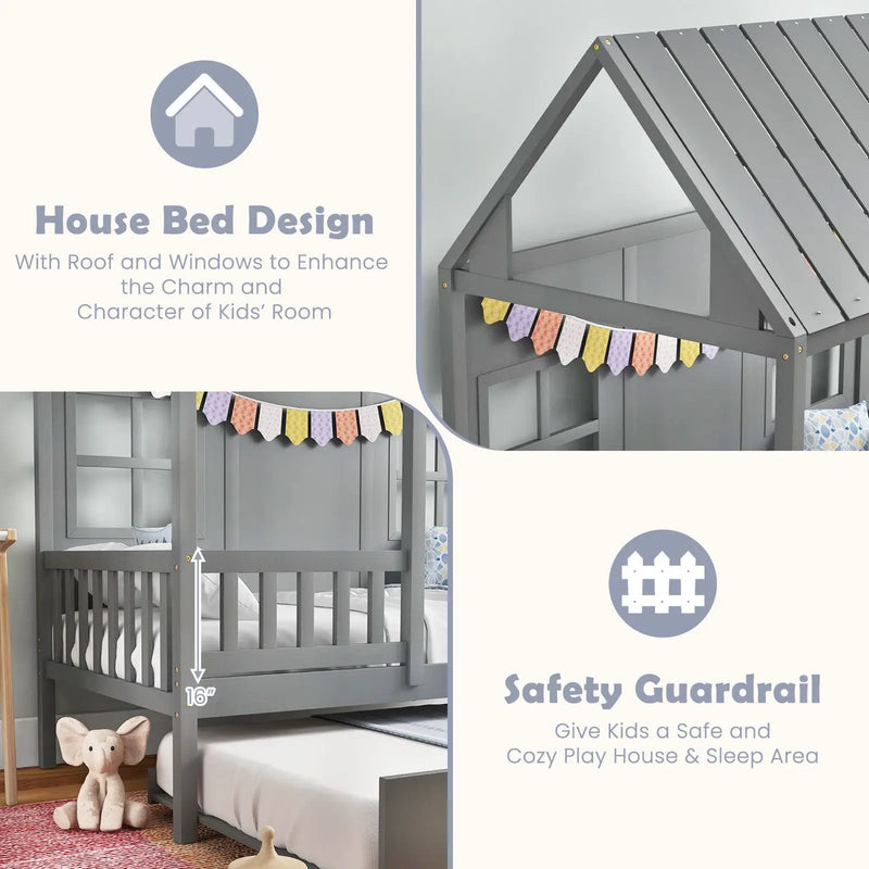 Twin Size Bed Frame House Bed with Trundle and 82 Inch Tall Roof by DirectDeals