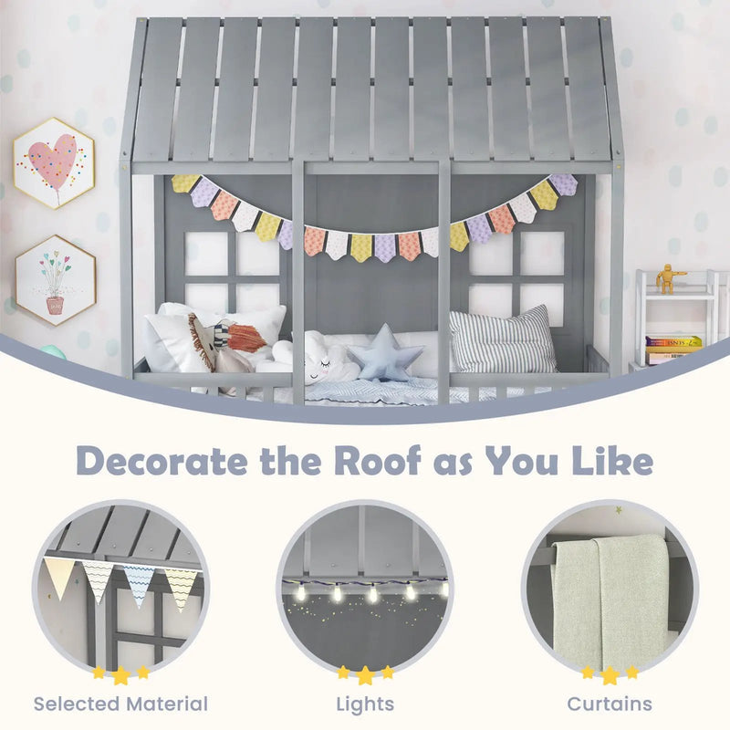 Twin Size Bed Frame House Bed with Trundle and 82 Inch Tall Roof by DirectDeals