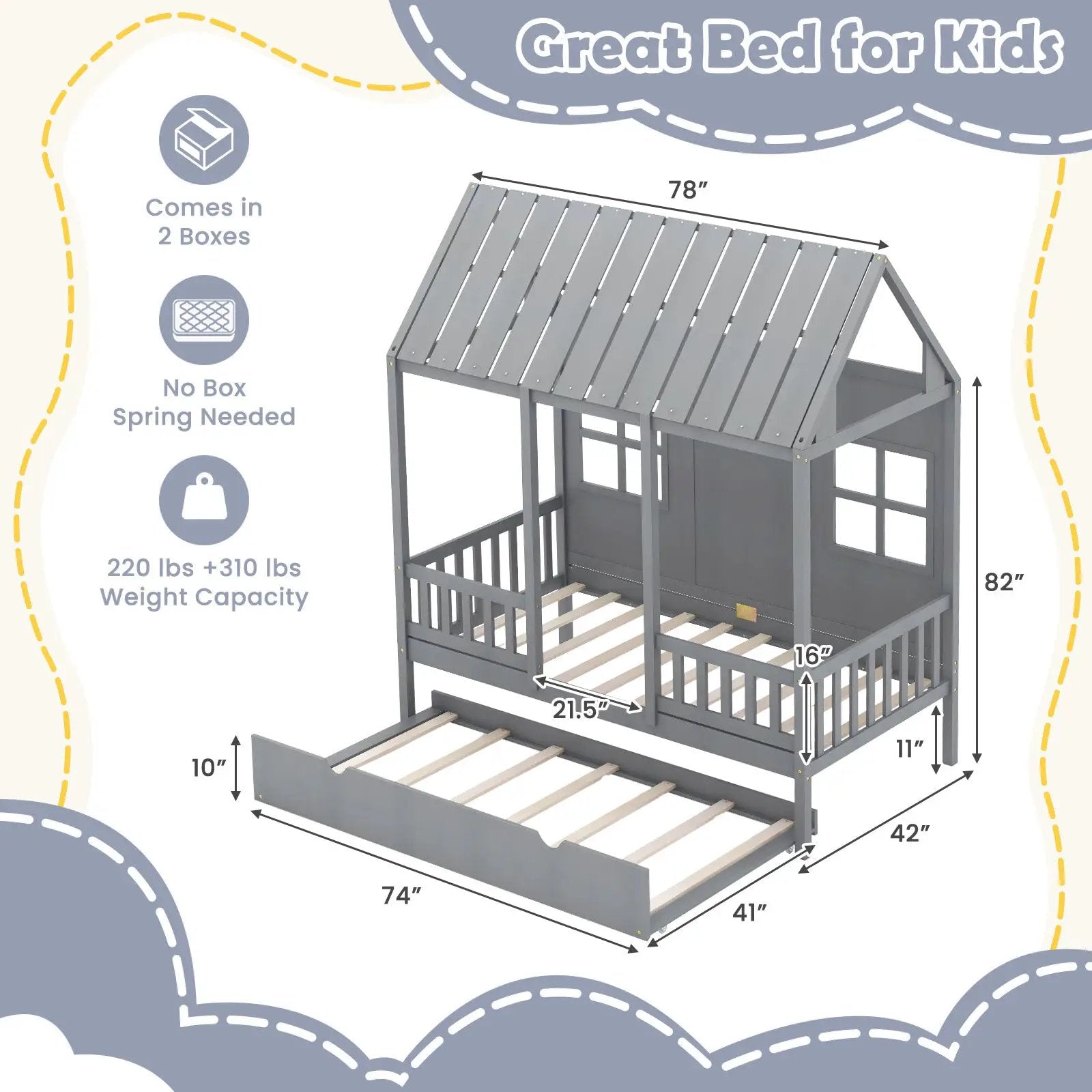Twin Size Bed Frame House Bed with Trundle and 82 Inch Tall Roof by DirectDeals