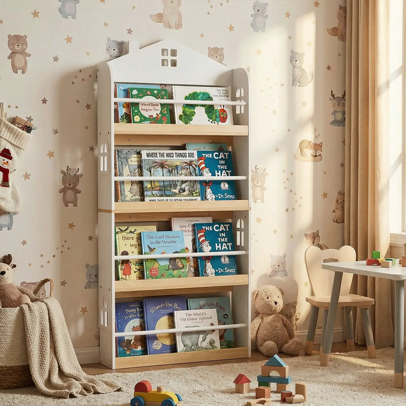 House-Shaped Kids Bookshelf with Anti-falling Baffles-White by DirectDeals