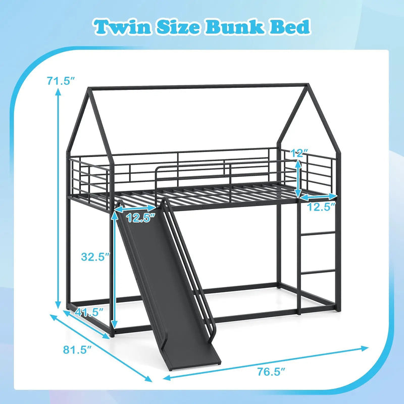 House-shaped Metal Twin Over Twin Low Bunk Bed-Black by DirectDeals