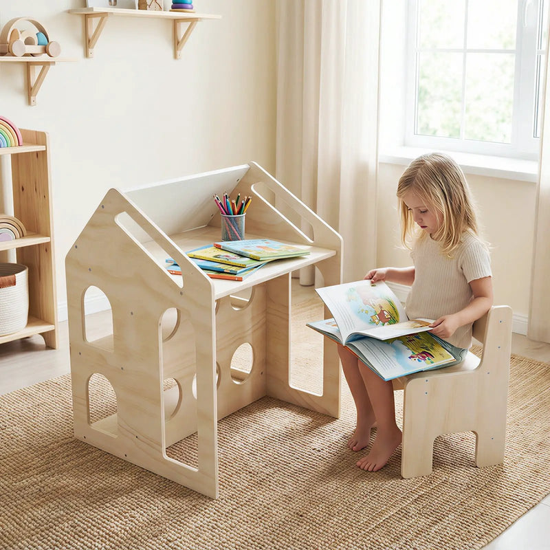 House-shaped Wooden Activity Kids Table Chair Set-Natural by DirectDeals