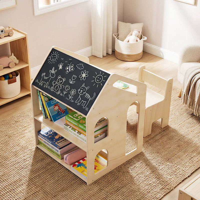 House-shaped Wooden Activity Kids Table Chair Set-Natural by DirectDeals