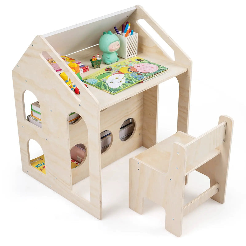 House-shaped Wooden Activity Kids Table Chair Set-Natural by DirectDeals