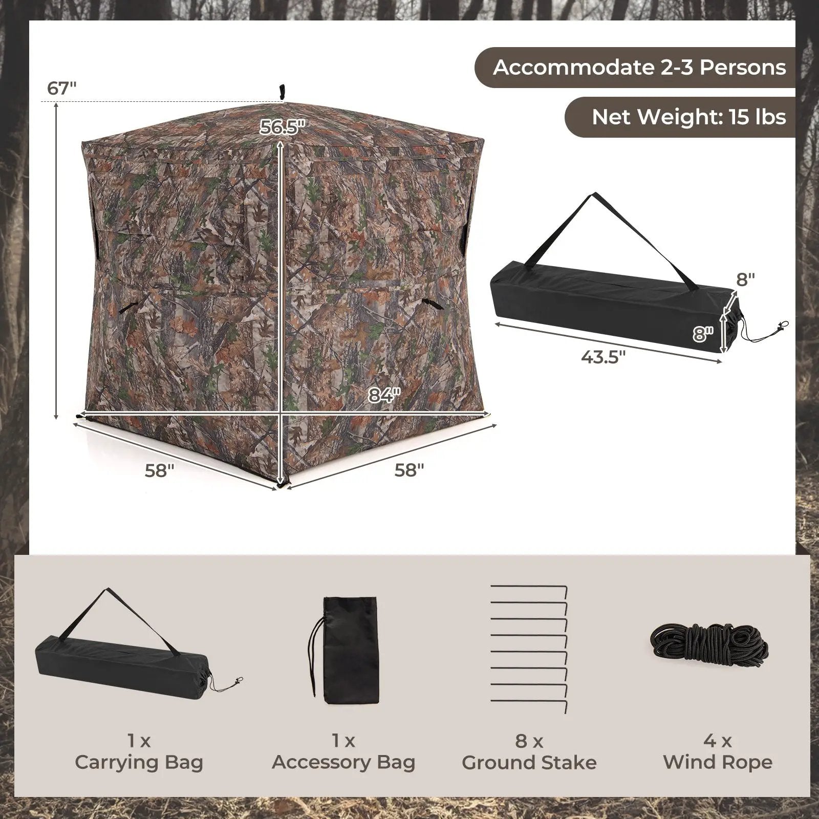 Hunting Blind 360 Degree One-Way See-Through Ground Blind for 2-3 Person by DirectDeals
