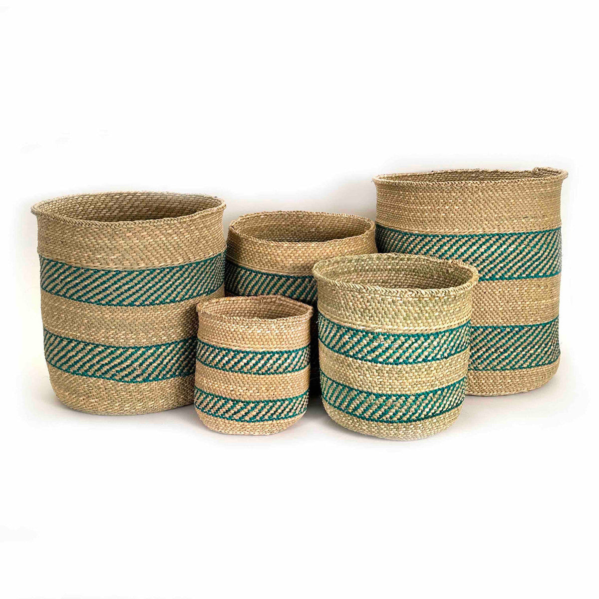 African Iringa woven basket with Turquoise Stripe, photo 2 of 10