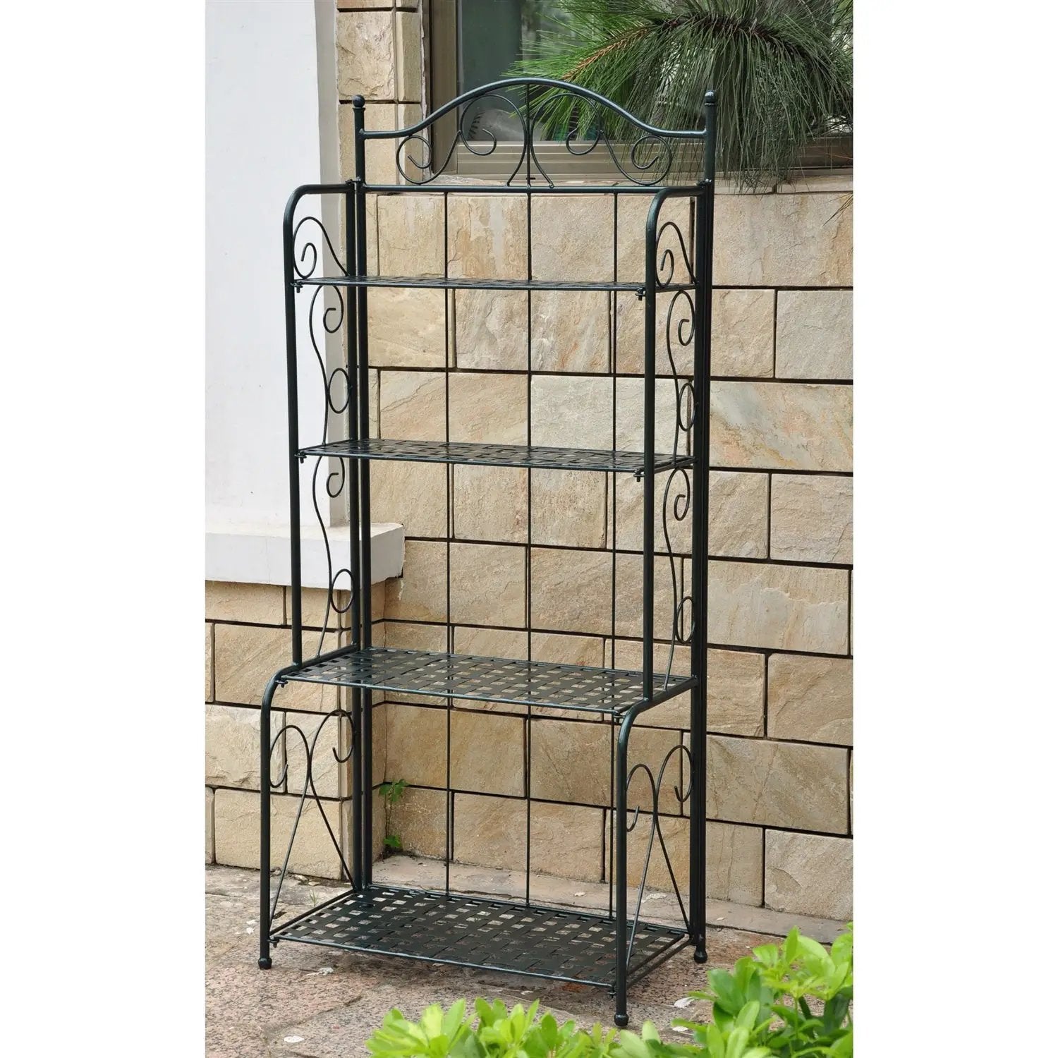 Indoor / Outdoor Folding Iron 4-Shelf Bakers Rack in Bronze with Lattice Shelves by HomePacific