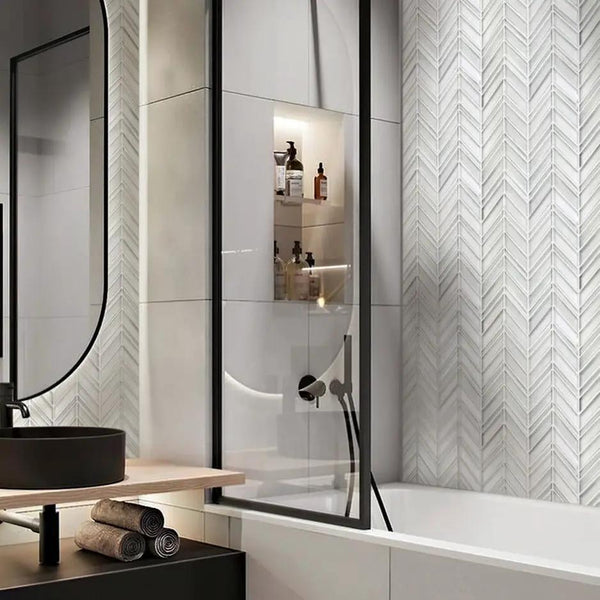White 10x10 Chevron Glossy Matte Glass Mosaic Tile