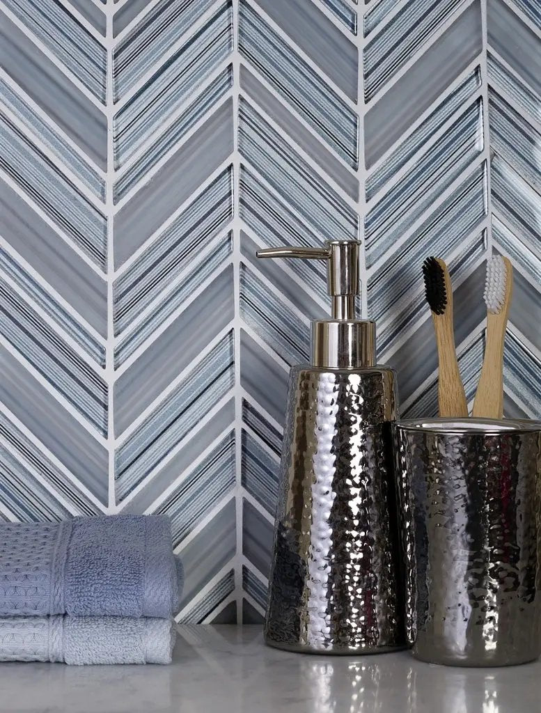 White Blue 10x10 Glossy Matte Chevron Glass Mosaic Tile (5 pack, 3.76 sq ft/case) by Apollo Tile