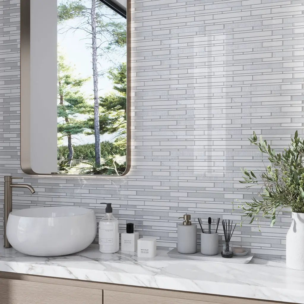 White 12x12 Glossy Matte Sticks Glass Mosaic Tile (5 pack, 5 sq ft/case) by Apollo Tile