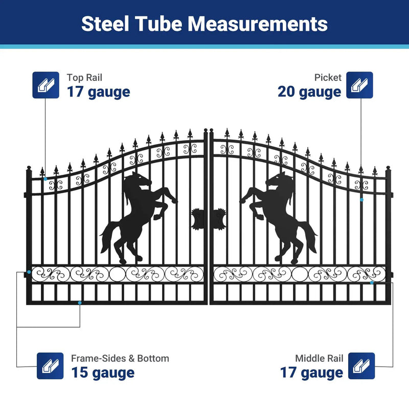 14x8 ft Steel Dual Swing Driveway Gate with Horse Pattern by Chery Industrial