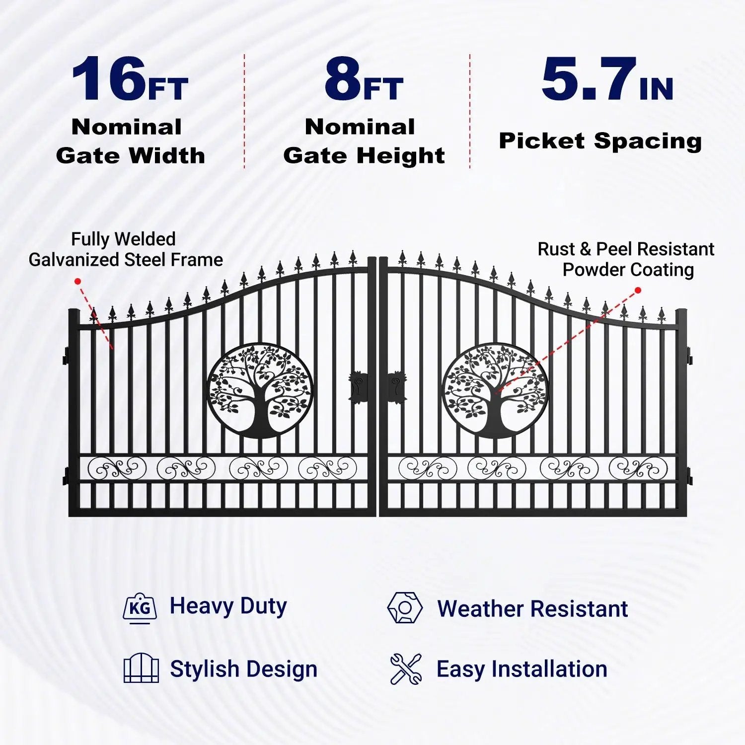 16x8 ft Steel Dual Swing Driveway Gate with Tree Pattern by Chery Industrial
