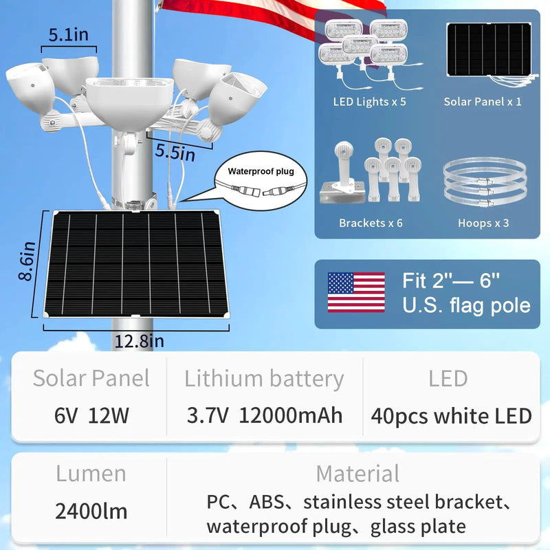 400W Solar Flag Pole Light for 15-40ft flagpole 5 Spotlights，Adjustable Clamps Fits 3-6''Diameter Inground Poles from Dusk to Dawn by Outdoor Solar Outlet