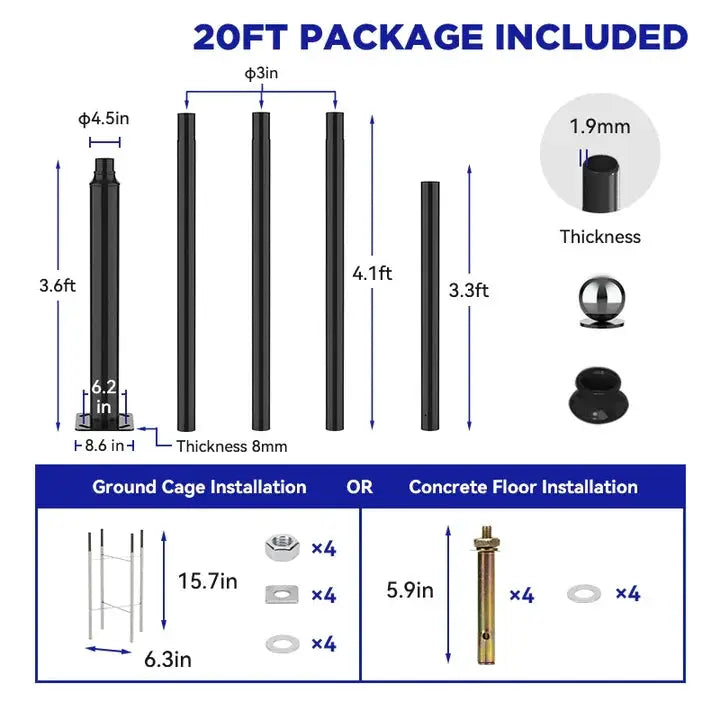 20Ft Commercial Grade Street/Parking/Flag Light Pole, Aluminum + Cage 1-Pack by Outdoor Solar Outlet