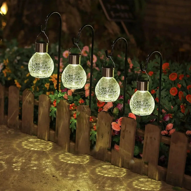 Berkeley Jensen 4 Pack Hanging Solar Lights with Shepherd Hooks, Crackle Glass Ball Design by Outdoor Solar Outlet