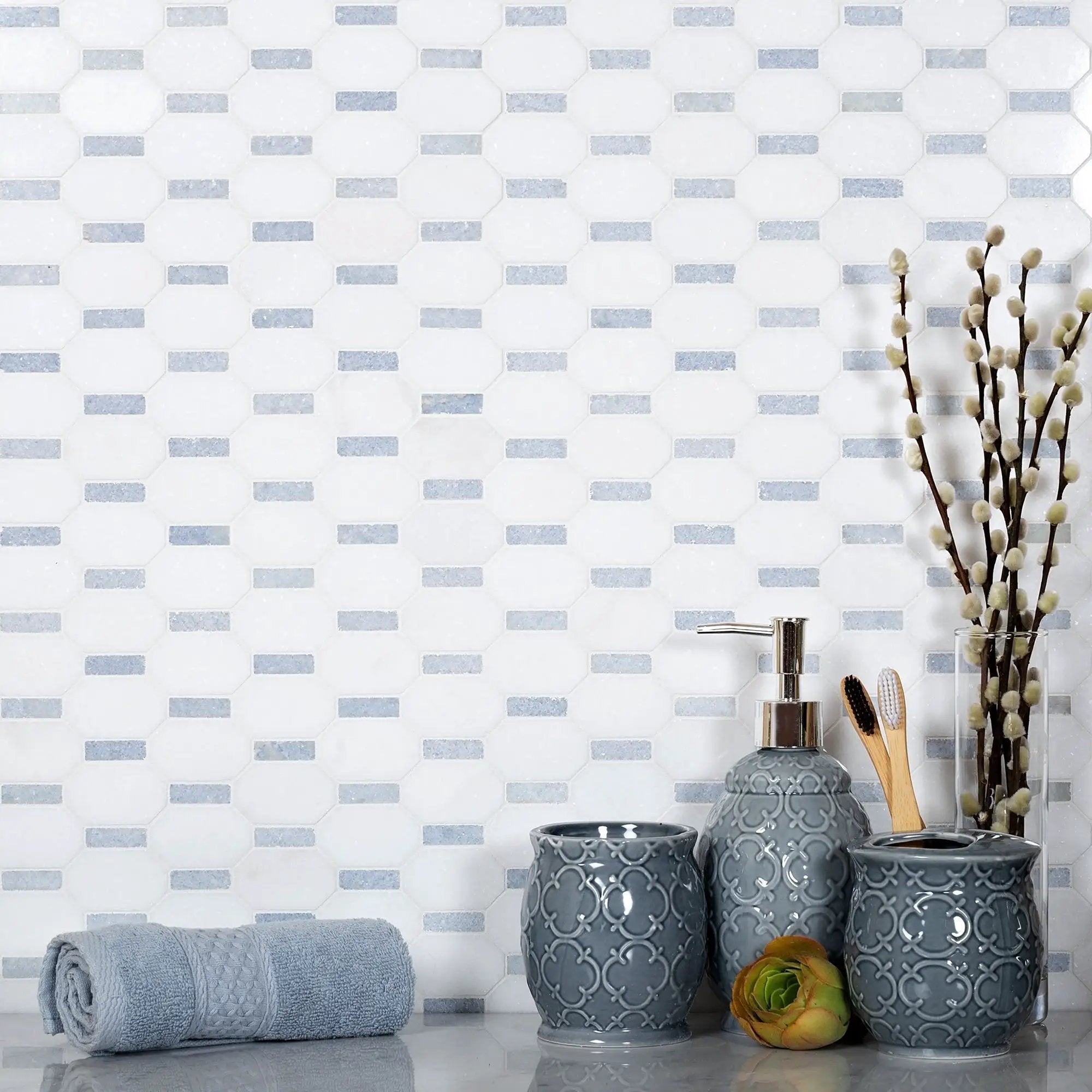 5-Pack White, Blue 11-in x 11-in Polished Natural Stone Floor and Wall Tile by Apollo Tile