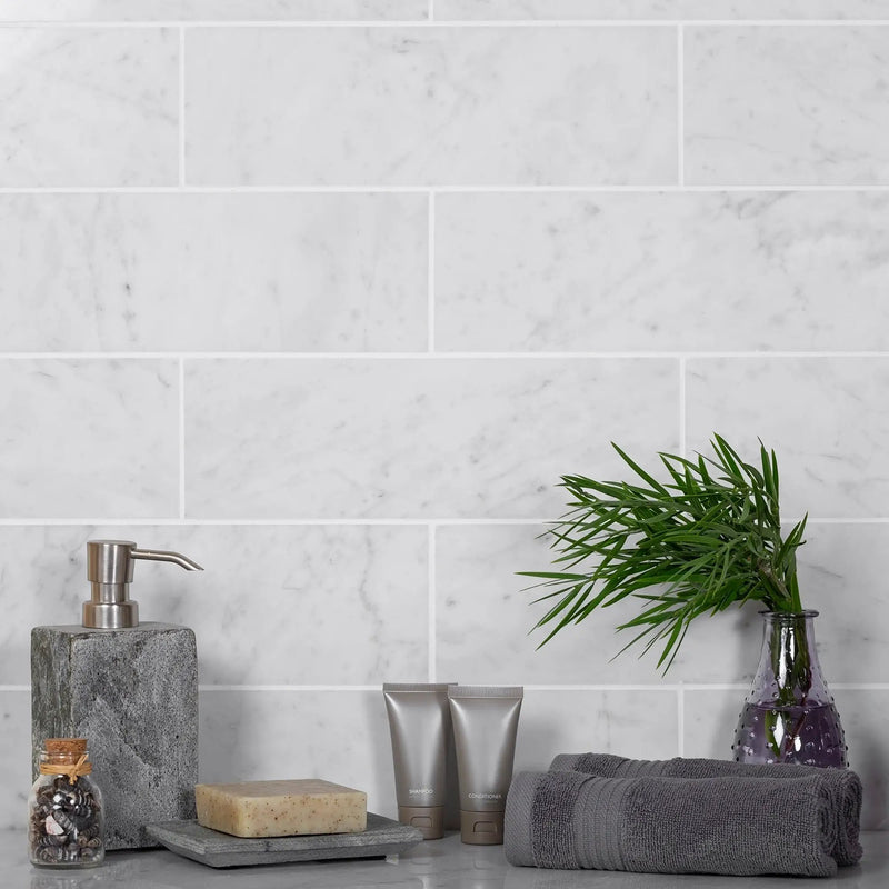 White 4x12 Polished Subway Bianco Carrara Marble Tile (15 pack, 5 sq ft/case) by Apollo Tile