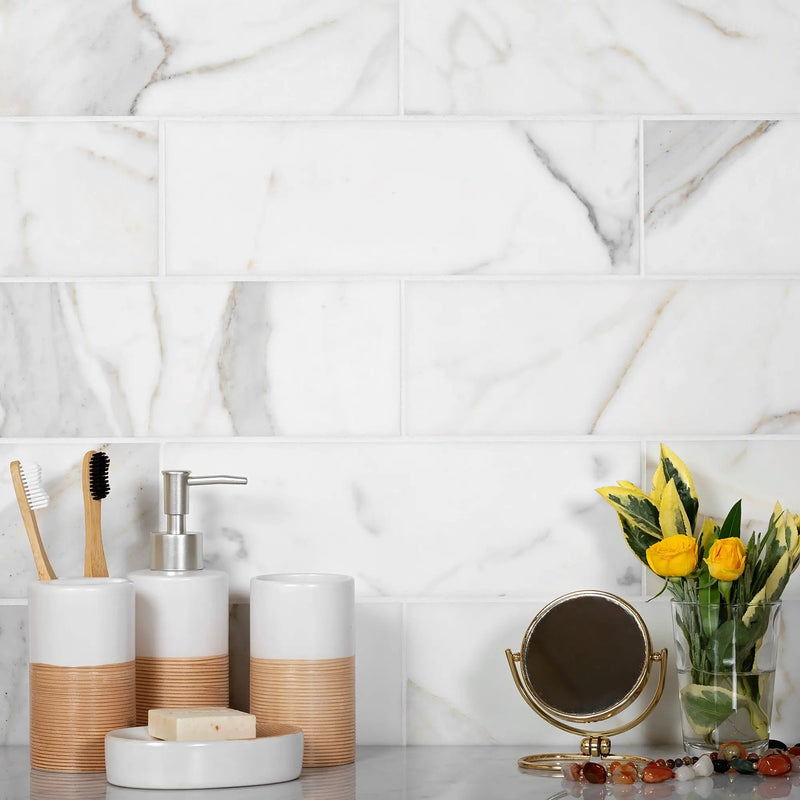 White 4x12 Honed Subway Calacatta Gold Marble Tile (15 pack, 5 sq ft/case) by Apollo Tile