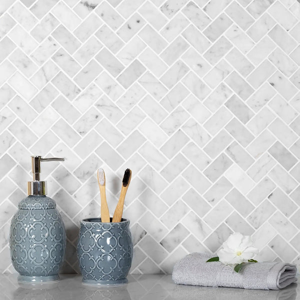 White 12x12 Polished Herringbone Bianco Carrara Marble Mosaic Tile (5 pack, 4.83 sq ft/case)