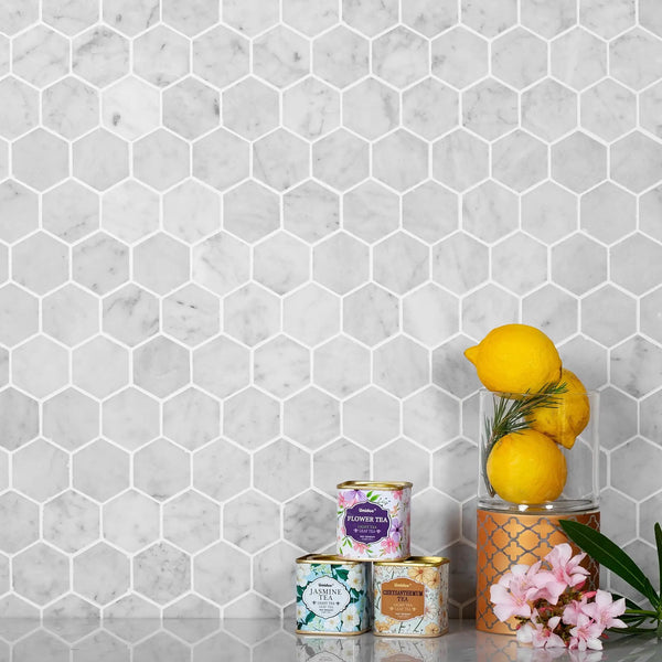 Powder White 12x12 Honed Hexagon Bianco Carrara Marble Mosaic Tile (5 pack, 4.83 sq ft/case)