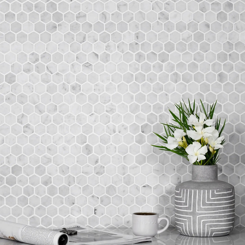 White 11x12 Honed Hexagon Bianco Carrara Marble Mosaic Tile (5 pack, 4.55 sq ft/case) by Apollo Tile