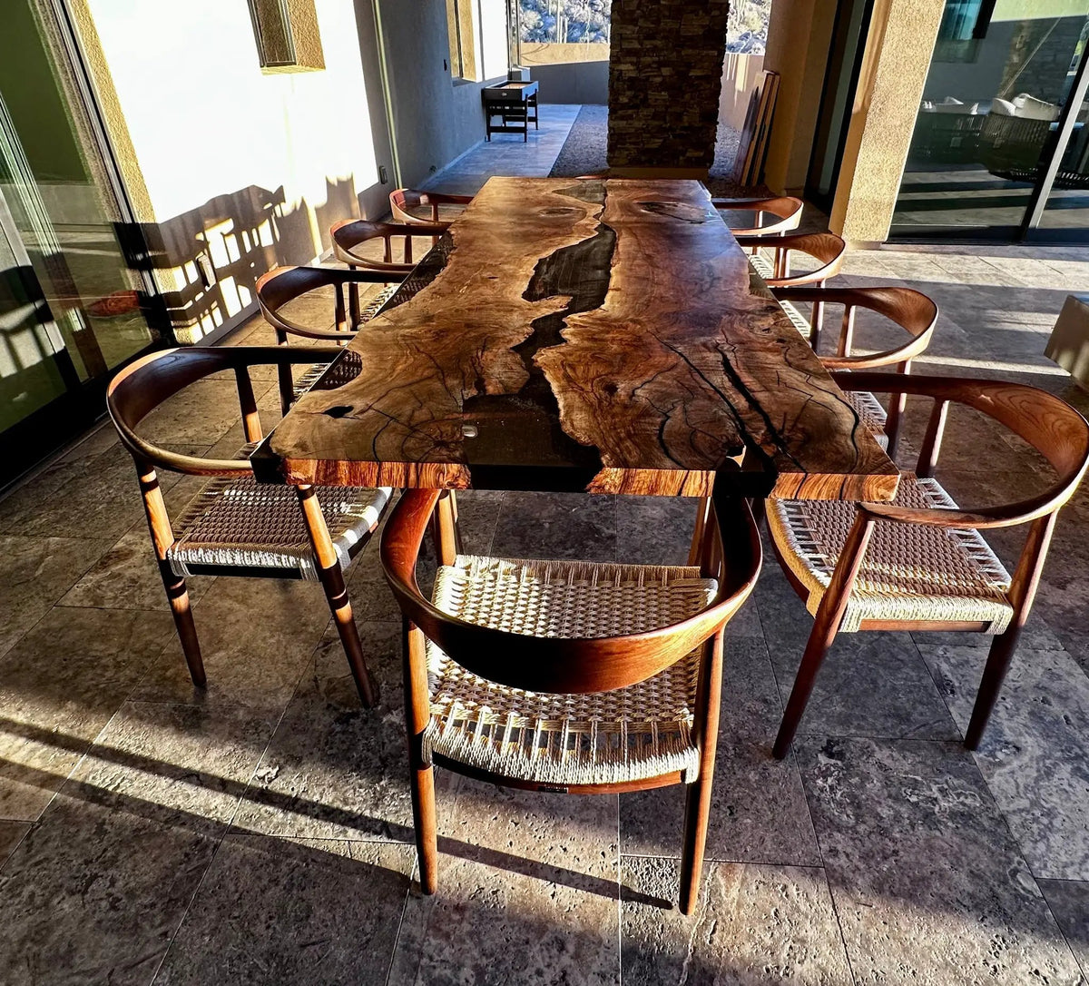 Epoxy Resin River Dining Table Featured Walnut Wood Leg, photo 6 of 16