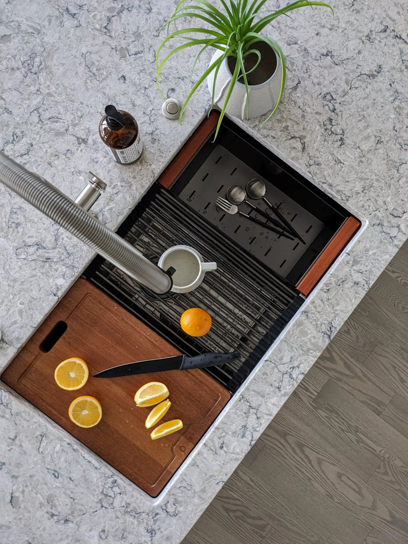 Zeek 32" Workstation Single Bowl Gunmetal Matte Black Undermount / Drop-In Kitchen Sink With Accessories PVD Nano Tech Coating ENZO ZW-B329 by ZEEK
