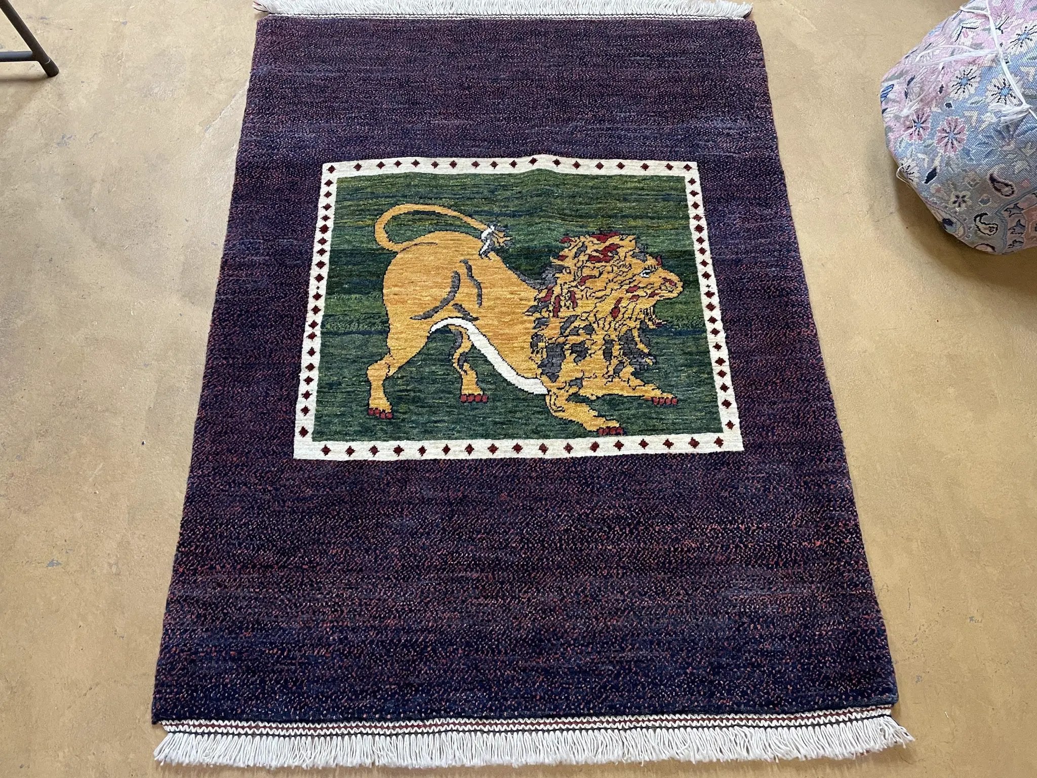3 X 5 Handmade Rug Zagros Mountain Wool Tribal Rug Lion Purple Green Pictorial by Jewel Rugs