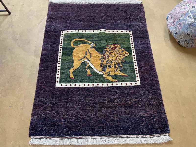 3 X 5 Handmade Rug Zagros Mountain Wool Tribal Rug Lion Purple Green Pictorial by Jewel Rugs