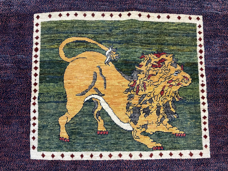 3 X 5 Handmade Rug Zagros Mountain Wool Tribal Rug Lion Purple Green Pictorial by Jewel Rugs
