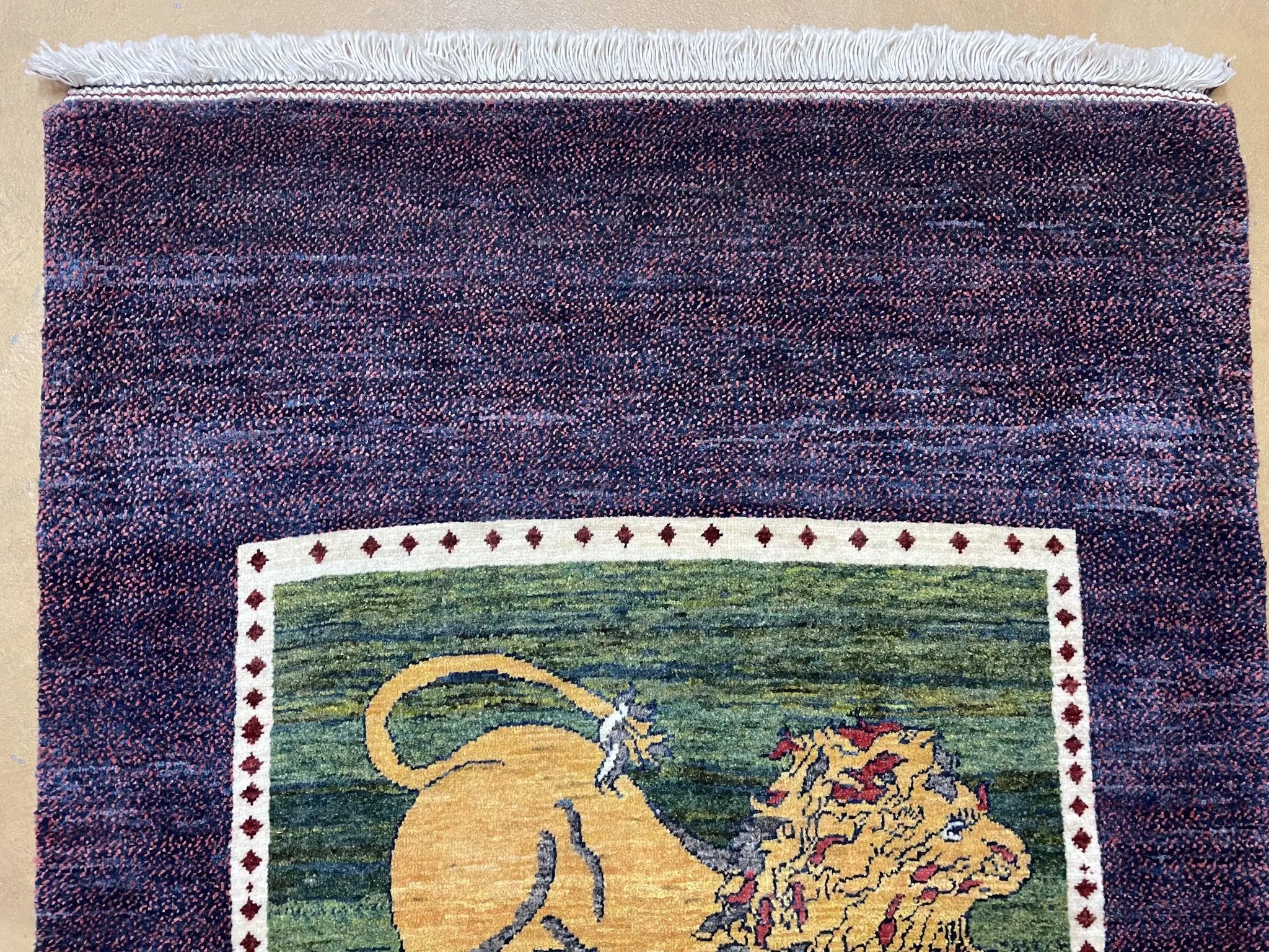 3 X 5 Handmade Rug Zagros Mountain Wool Tribal Rug Lion Purple Green Pictorial by Jewel Rugs