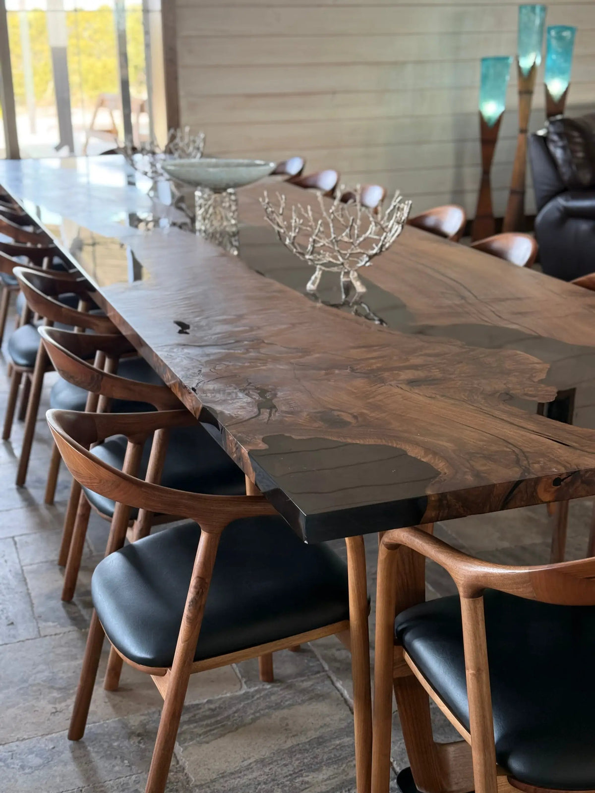Epoxy Resin River Dining Table Featured Walnut Wood Leg, photo 4 of 16