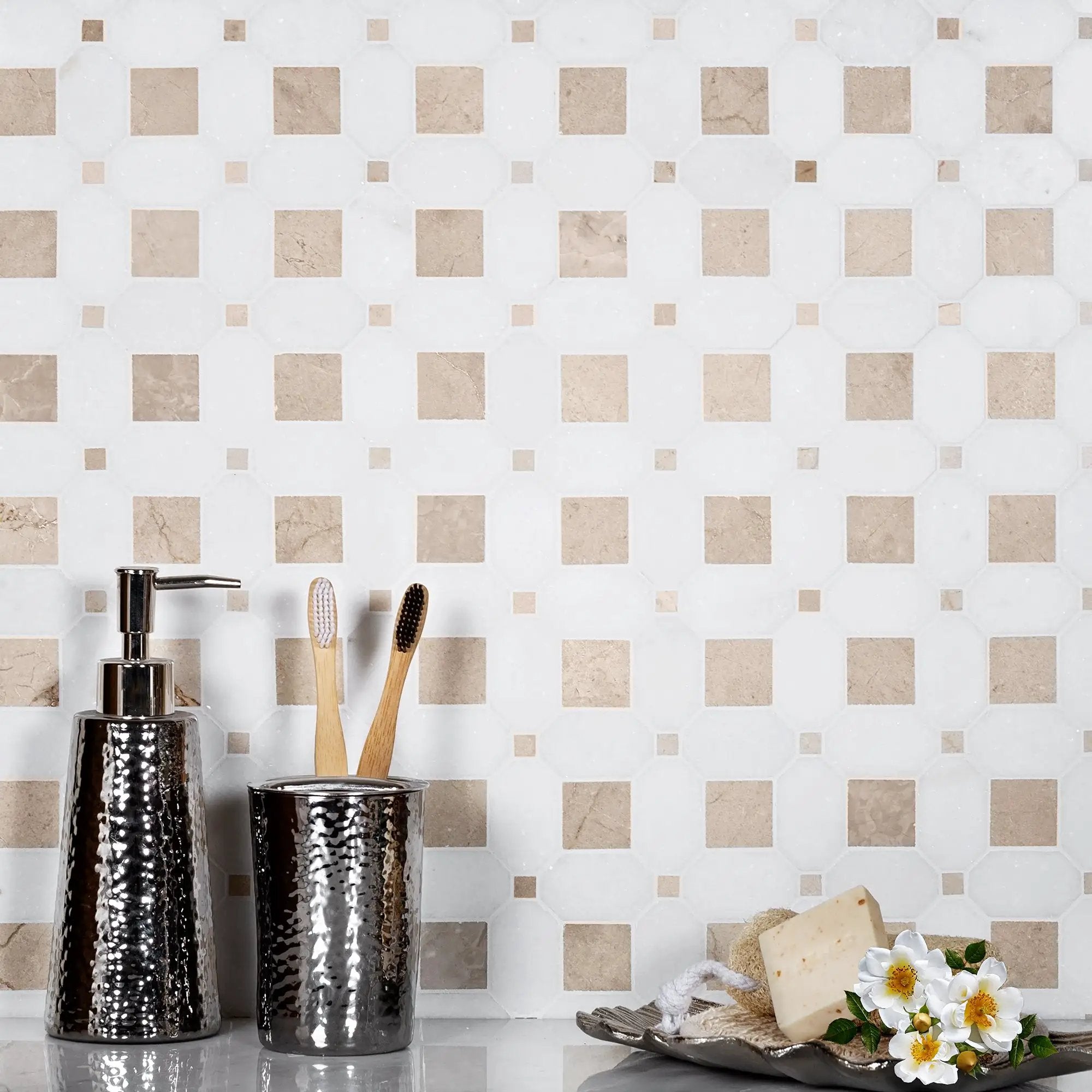 Naples White Beige 12x12 Polished Thassos Octagon & Crema Marfil Square Marble Mosaic Tile (5 pack, 5.17 sq ft/case) by Apollo Tile