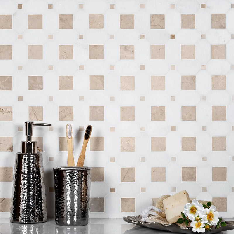 Naples White Beige 12x12 Polished Thassos Octagon & Crema Marfil Square Marble Mosaic Tile (5 pack, 5.17 sq ft/case) by Apollo Tile