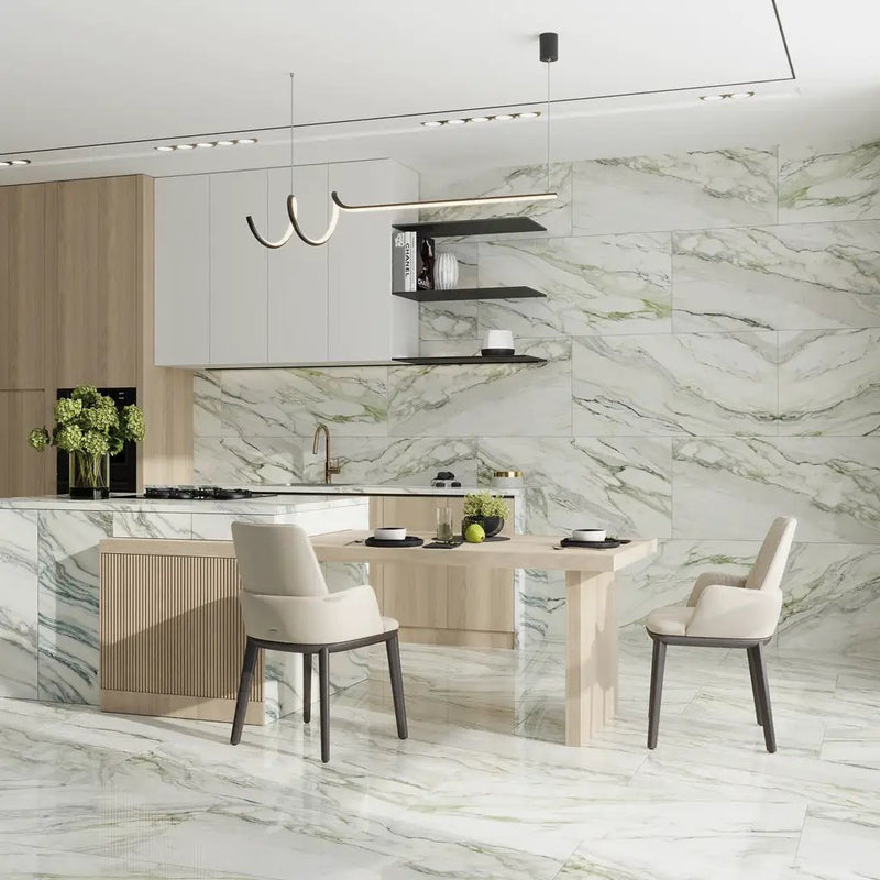 White with Sage Green Vein 24x48 Polished Porcelain Large Format Tile (2 pack, 15.42 sq ft/case) by Apollo Tile