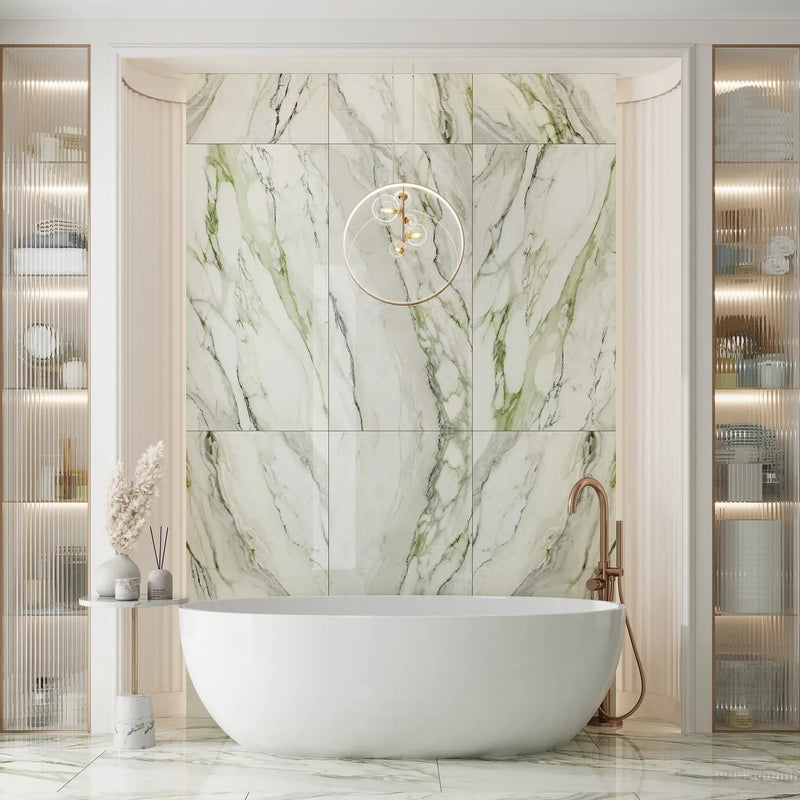 Soft White with Sage Green Vein 24x48 Matte Porcelain Large Format Tile (2 pack, 15.42 sq ft/case) by Apollo Tile