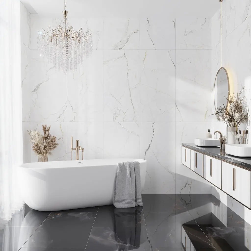 Pearl White with Gray Vein 24x48 Matte Porcelain Large Format Tile (2 pack, 15.5 sq ft/case) by Apollo Tile