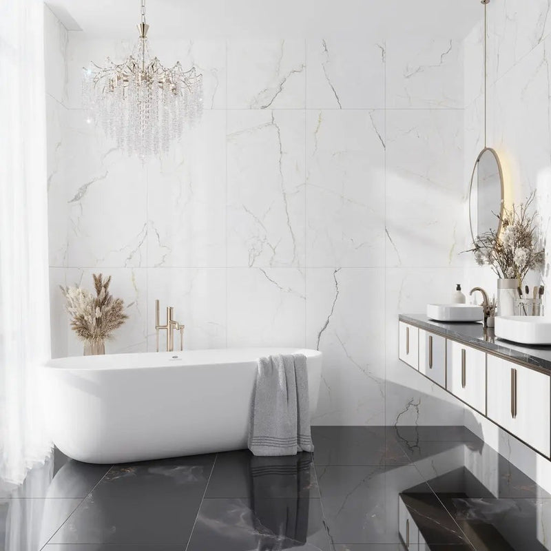 Pearl White with Gray Vein 24x48 Matte Porcelain Large Format Tile (2 pack, 15.5 sq ft/case) by Apollo Tile