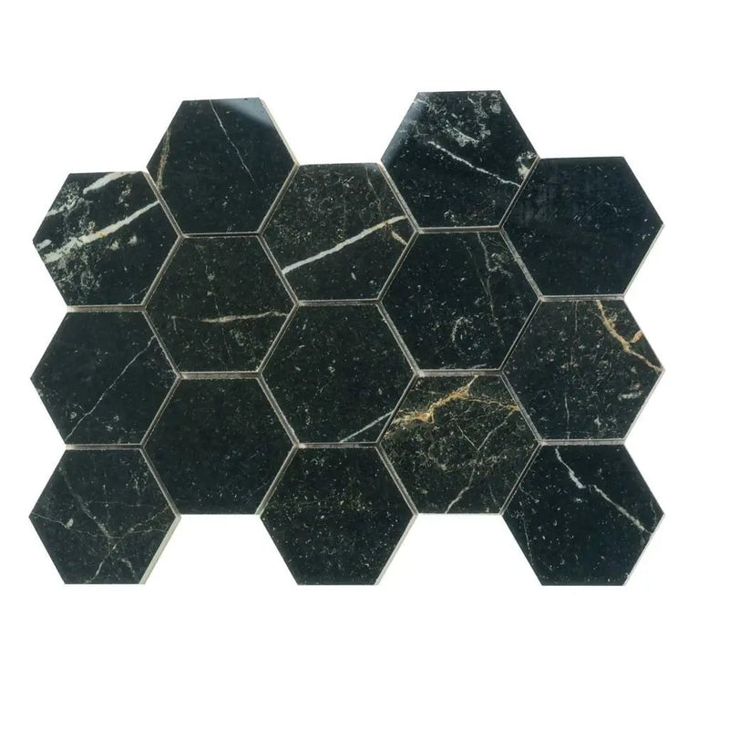 Sable Black 9x13 Polished Hexagon Porcelain Mosaic Tile (9 pack, 7.09 sq ft/case) by Apollo Tile