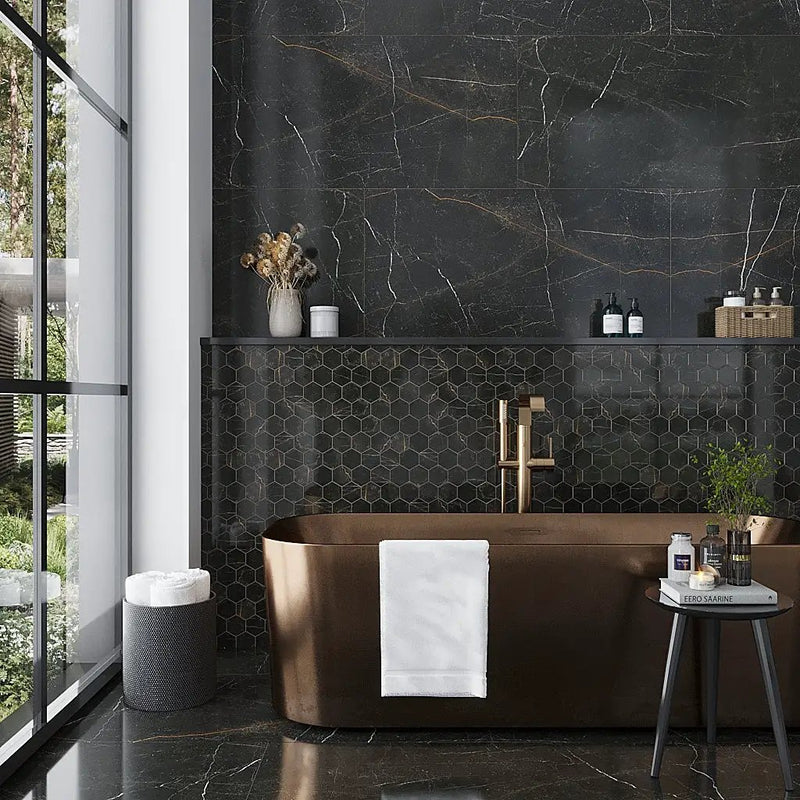 Sable Black 24x48 Polished Porcelain Large Format Tile (2 pack, 15.55 sq ft/case) by Apollo Tile