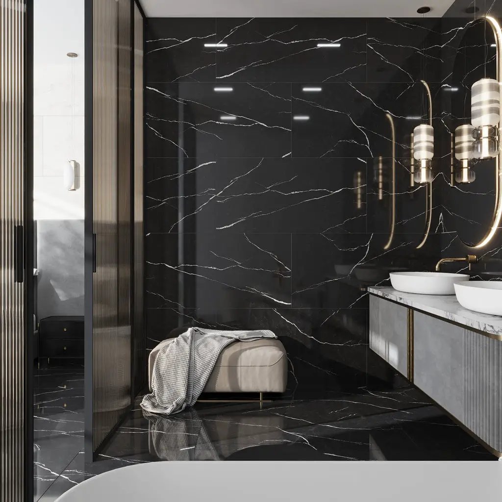 Black 24x48 Polished Porcelain Large Format Tile (2 pack, 15.55 sq ft/case) by Apollo Tile