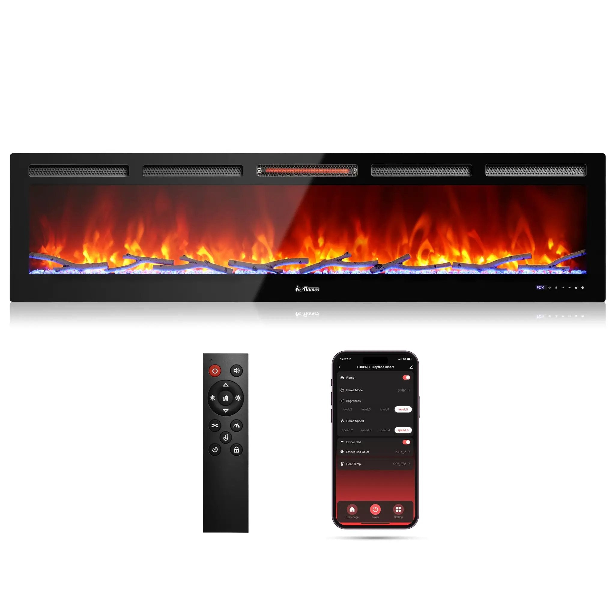 In Flames INF72W-3D WiFi Smart Wall Mounted Electric Fireplace - Tempered Glass by TURBRO
